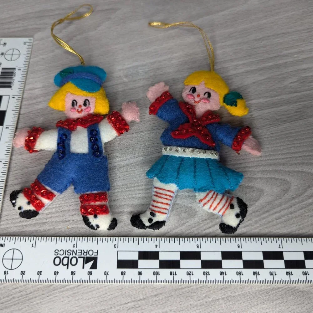 Vintage 1970s Bucilla Felt & Sequin Jack & Jill Ornaments Set of 2